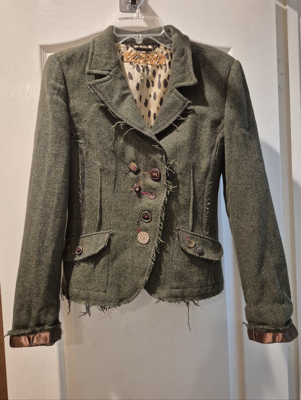 Miss Sixty Wool Blend Olive Green Womens Blazer Jacket with Leopard Lining